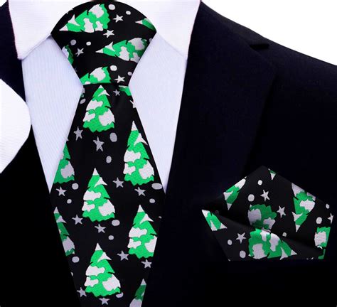Black Silk With Green Grey Snowy Christmas Trees Necktie