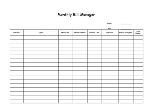 Blank Monthly Bill Worksheet Template Calendar Design