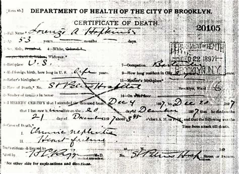Lorenzo A Hopkins Death Certificate Pg 1 Roger W Smiths Theodore