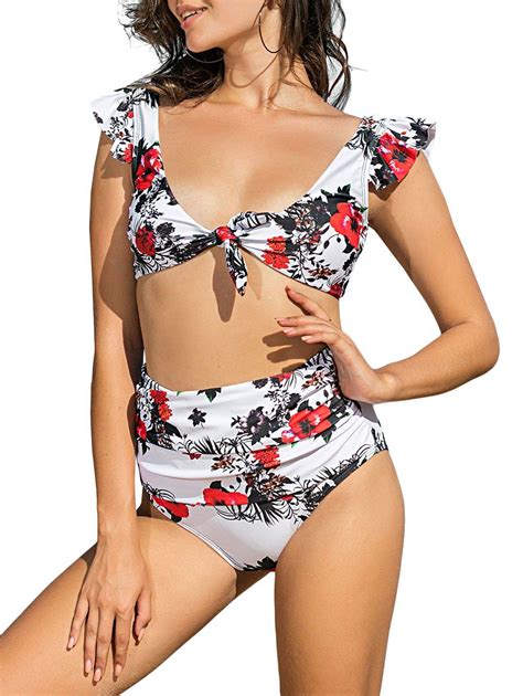 [28 off] 2021 flower ruffle knot high waisted ruched bikini swimwear in white dresslily