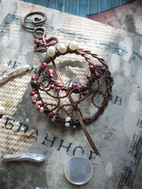 Wire Wrapped Copper Shawl Pin With White Pearls Etsy Shawl Pins