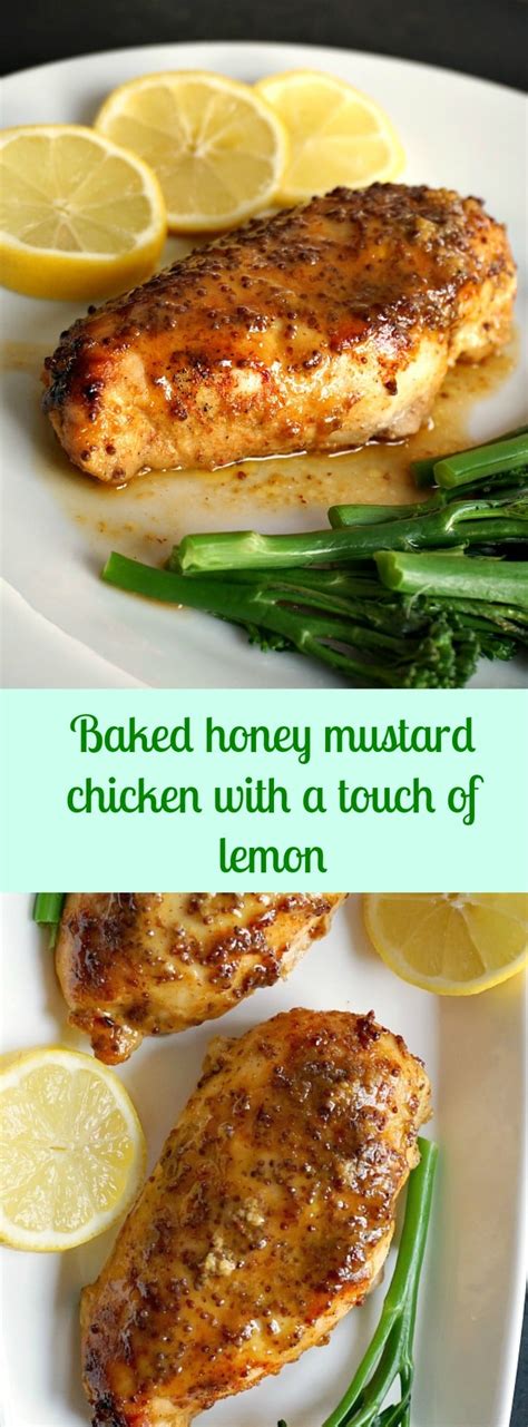 Serve chicken alongside roasted vegetables. Baked honey mustard chicken breast with a touch of lemon