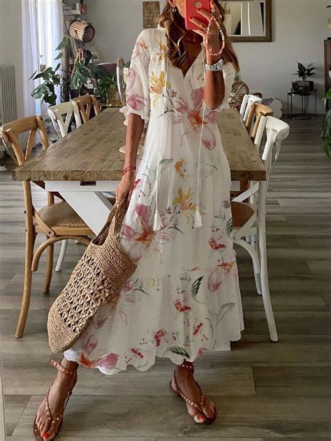 Womens Shift Dress Maxi Dress Half Sleeve Floral Print Summer Fall V