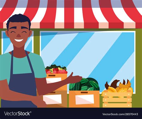 Seller Man Farm Products Grocery Facade Royalty Free Vector