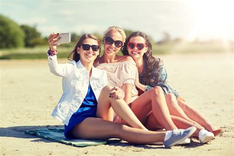 Group Of Smiling Women Taking Selfie On Beach Stock Image Image Of