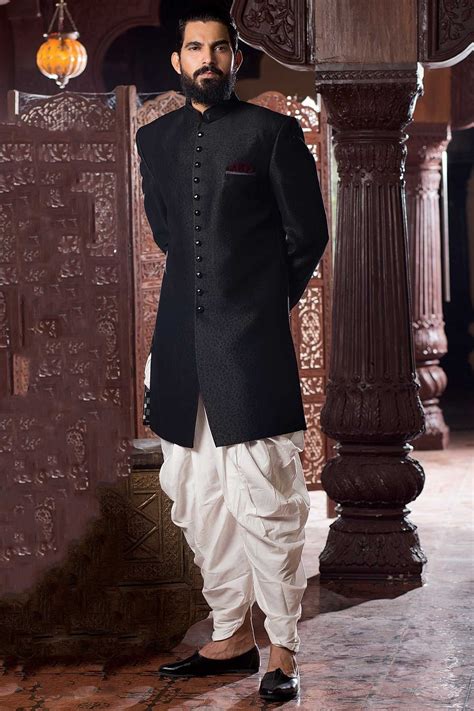 Samyakk Black Silk Solid Jodhpuri Sherwani Groom Dress Men Indian