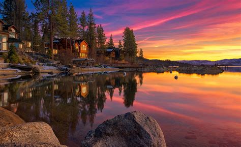 Landscape Lake House Rocks Sunset Sky Clouds Lake Tahoe United States