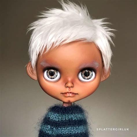 A Close Up Of A Doll With White Hair And Big Eyes Wearing A Blue Sweater