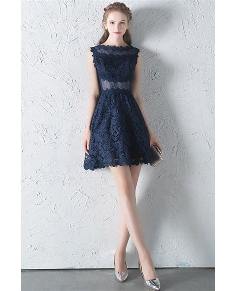 Navy Blue Lace Aline Homecoming Dress With Sheer Waist G79041
