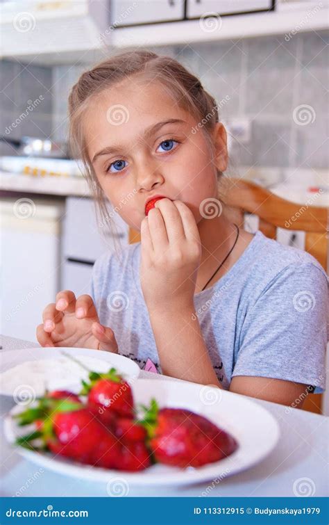Sweet Girl Eats Strawberries Stock Image Image Of Fresh Home 113312915