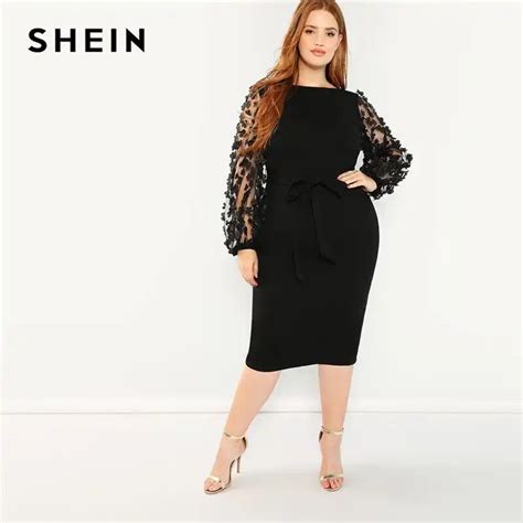 shein black party elegant flower applique contrast mesh sleeve form fitting belted solid dress