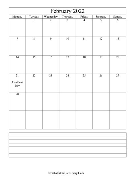 February 2022 Calendar Editable With Notes Space Vertical Layout