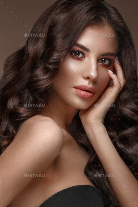 Beautiful Brunette Model Curls Classic Makeup And Full Lips The