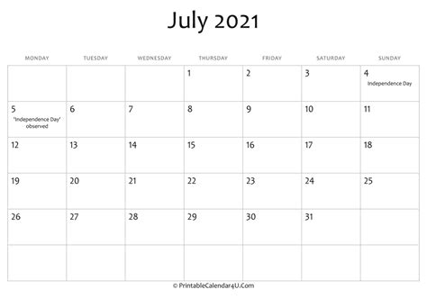 July 2021 Editable Calendar With Holidays