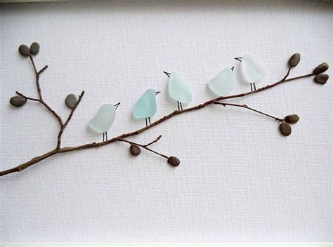 Unique Birds Wall Art Made Of Genuine Sea Glass In Beautiful Variety Of Blue Color A Great T