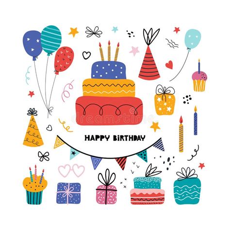 Birthday Party Isolated Elements Set Hand Drawn Illustrations