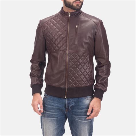 Mens Moda Quilted Maroon Leather Bomber Jacket