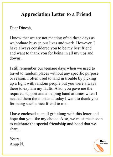 Appreciation Letter Template To Friend Format Sample And Example