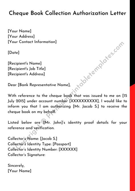Authorization Letter To Collect Cheque Book Printable Template Pack Of