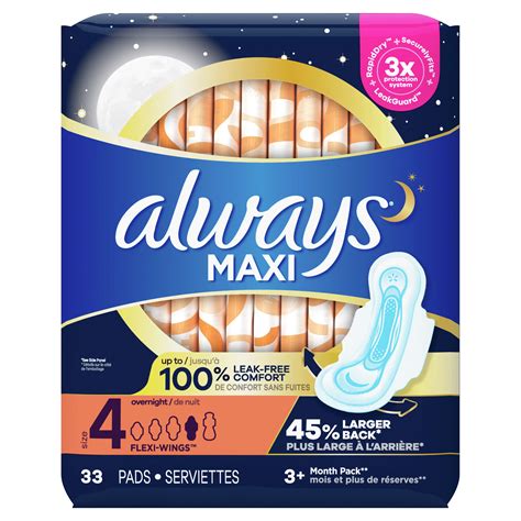 Always Maxi Pads Size 4 Overnight Absorbency Unscented With Wings
