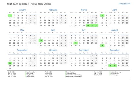 Calendar For 2024 With Holidays In Papua New Guinea Print And