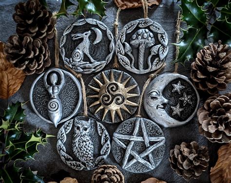 Pagan Hanging Decorations Set Of 7 In Aged Silver Samhain Yule