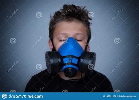Young Boy Wearing Gasmask Respirator Portrait Stock Photo Image Of