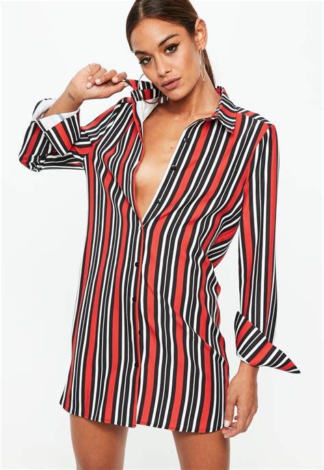 Missguided Red Oversized Stripe Shirt Dress Women Dress Online