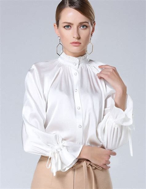 buy high collar satin blouse in stock