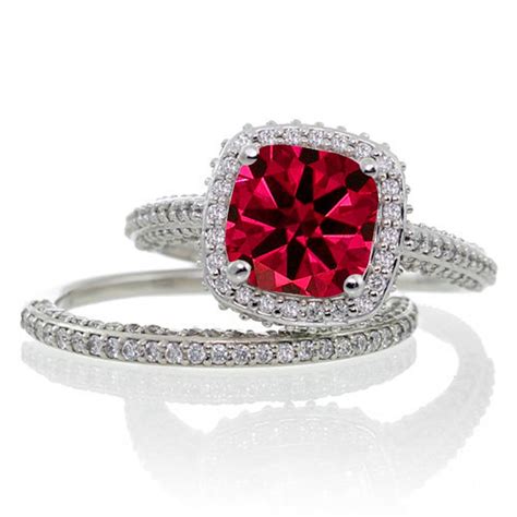25 Carat Cushion Cut Designer Ruby And Diamond Halo Wedding Ring Set