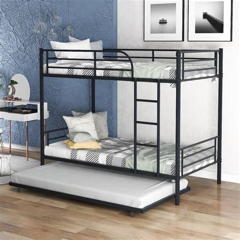 Merax Twin Over Twin Metal Bunk Bed With Trundle Black Hsz 1 S
