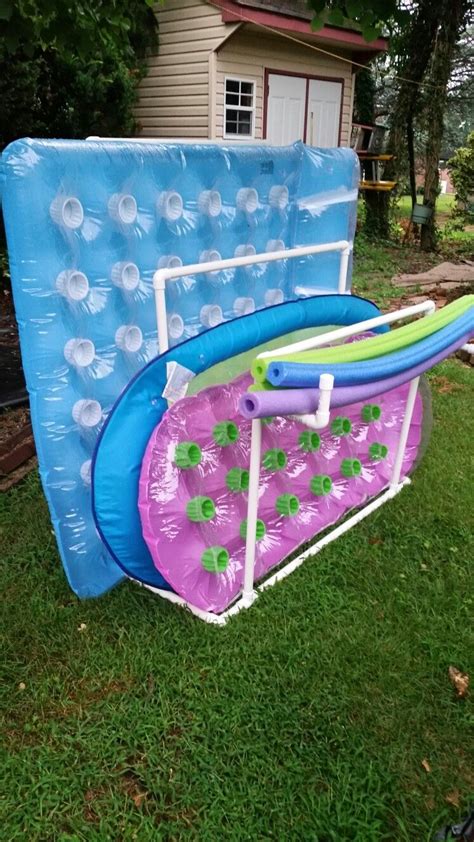 Pool toys have got to be one of the hardest things to store. PVC Rack for floats & noodles | Pool storage, Patio deck ...