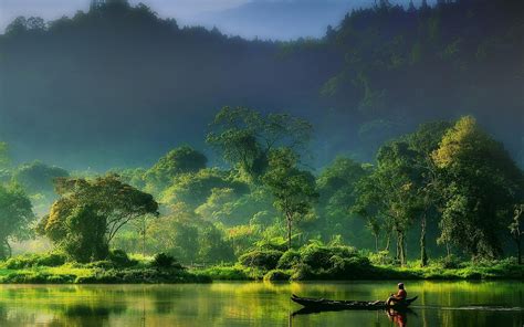 Nature Landscape Mist Sunrise Forest River Mountain Indonesia