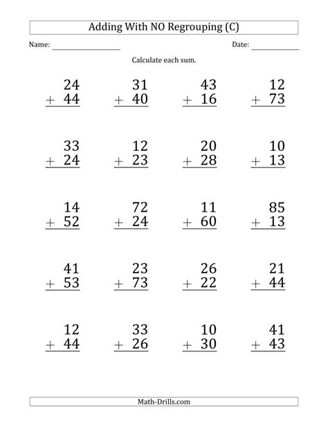 Large Print 2 Digit Plus 2 Digit Addition With No