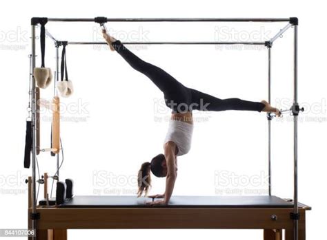 Woman Pilates Reformer Exercises Fitness Isolated Stock Photo