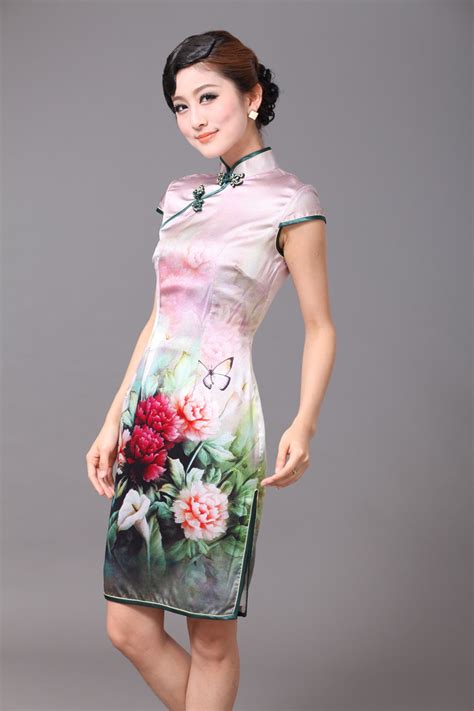 Marvelous Peony Flowers Silk Classical Cheongsam Qipao Cheongsam Dresses Women