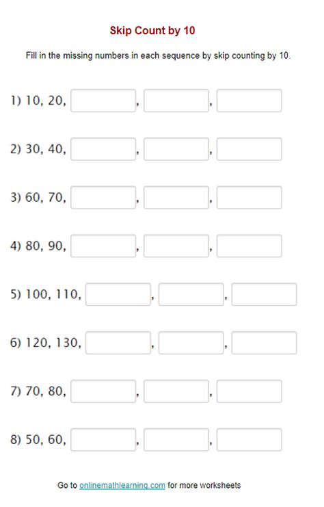 Skip Count By 10 Worksheet Second Grade Printable Answers