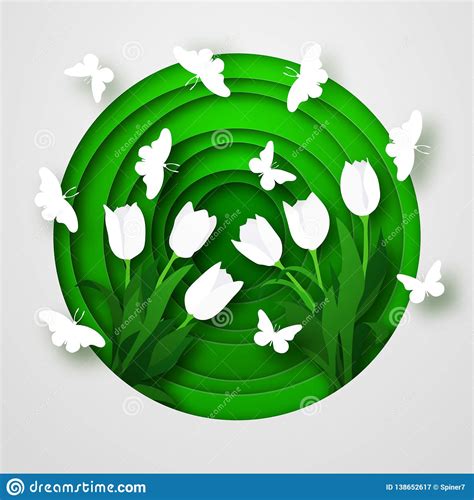 Cut Out Of Paper Spring Greeting Card Origami White Tulips On A Green