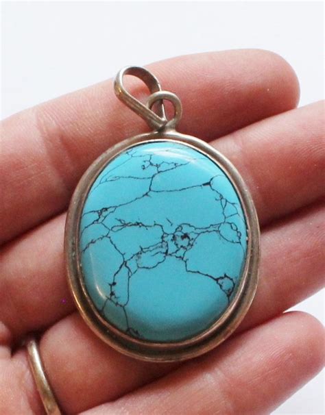Vintage Sterling Silver Synthetic Faux Turquoise Oval Pendant Vintage
