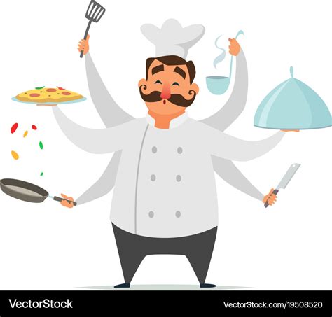 Multitasking Chef Cooking Funny Character Vector Image