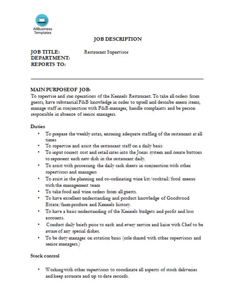 Supervisor Job Description For Restaurant Gratis