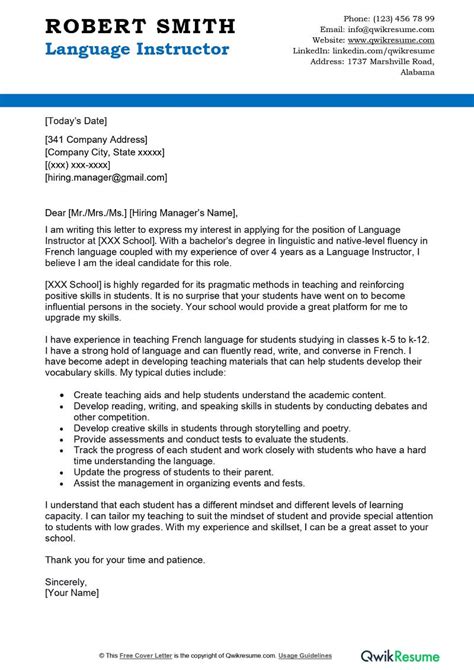 Language Instructor Cover Letter Examples QwikResume