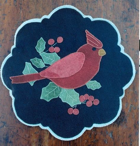 Primitive Wool Applique Penny Rug Pattern Winter Cardinal New Motifs