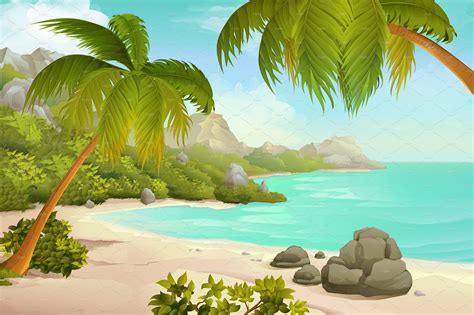 Tropical Beach With Palms Vector Illustrations Creative Market
