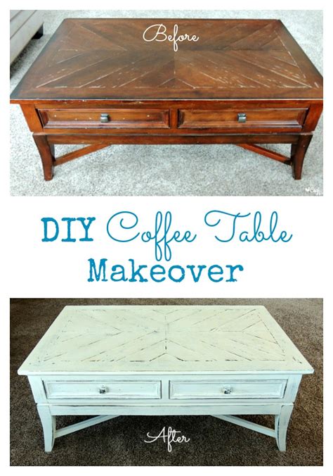 Coffee table makeover using homemade chalk finish paint with heavy distressing. DIY Coffee Table Makeover