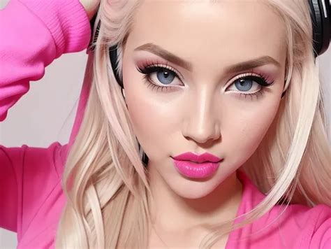 Dopamine Girl Bimbo Caucasian Blonde Hair Pink Headphones Head Facing Camera Pink Room