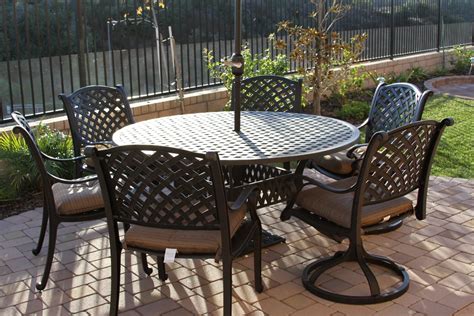 Choose from patio sets with or without cushions, or tables that seat four or eight people. Nassau 7pc Dining set with 60 inch round Table 2 Series ...