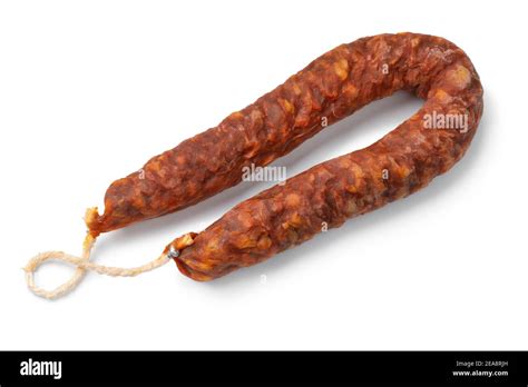 Single Spanish Chorizo Sausage Close Up Isolated On White Background