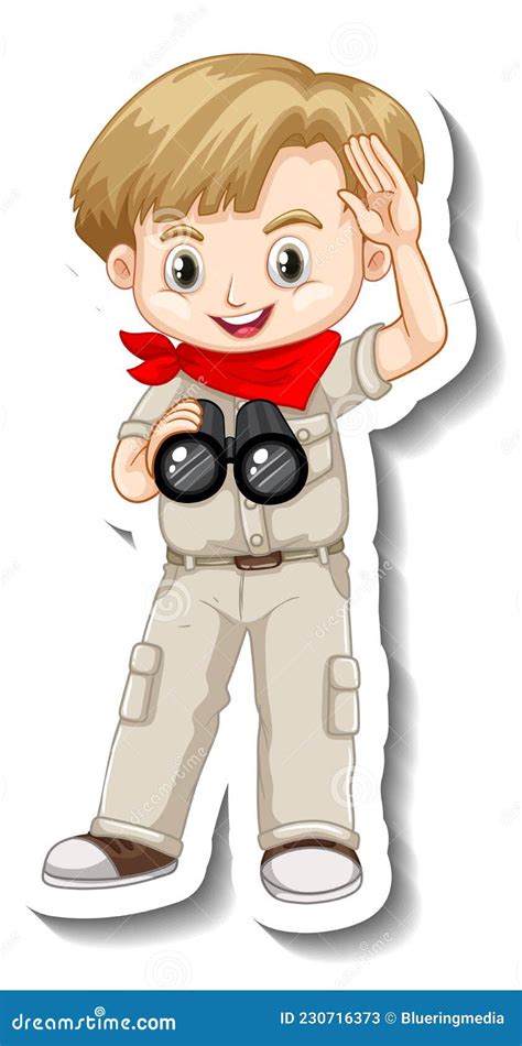 Boy In Safari Outfit Using Binoculars Cartoon Character Sticker Stock