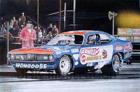 Relive the yesterdays of classic drag racing from the 1960's and 1970's with super stock, top fuel and funny car models. Tom McEwen's Mongoose Funny Car by James Kotan | ArtWanted.com